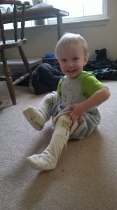 One of my sisters sent us a box which included some socks. Lewis immediately requested to wear them!