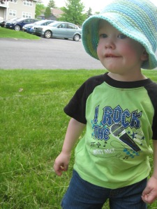 I crocheted this hat for him last year and it was to big. This summer it is perfect!