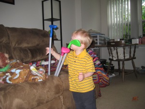 Carefully working on his golf club sculpture/art installation. This apparently was a "present" for Dada.