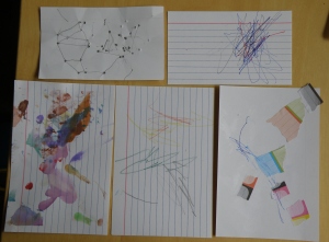 First 5 cards. Pencil (with some dot-to-dot by Daddy), pen, watercolors, colored pencils, glue stick and paper scraps.
