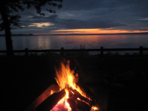 Campfire and sunset. Lewis was completely entranced by sitting and watching the fire and the sparks drifting up.