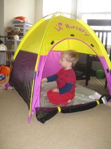 Checking out the new tent Mommy bought. Combination play thing for Lewis and sun shelter for new baby in the summer.