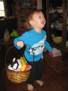 Easter morning Lewis was excited to have a "treasure hunt" to find his Easter basket. Not sure what all the silliness in this photo is about, except that it is fun to be silly!