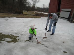 Smoothing out the snow with croquet mallets is important work.
